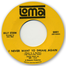 45 rpm label scan of Loma Records 2001 - Billy Storm - I never want to dream again (There in a garden).