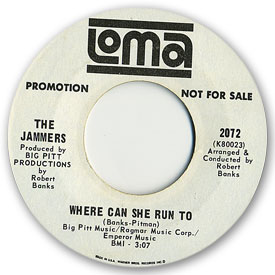45 rpm vinyl record label scan of Loma 2072: The Jammers - Where can she run to