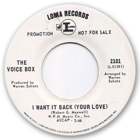 Loma records. Label scans of rare Loma 45 rpm vinyl records. Northern Soul music, Loma 2101 - The Voice Box - I want it back (Your love)
